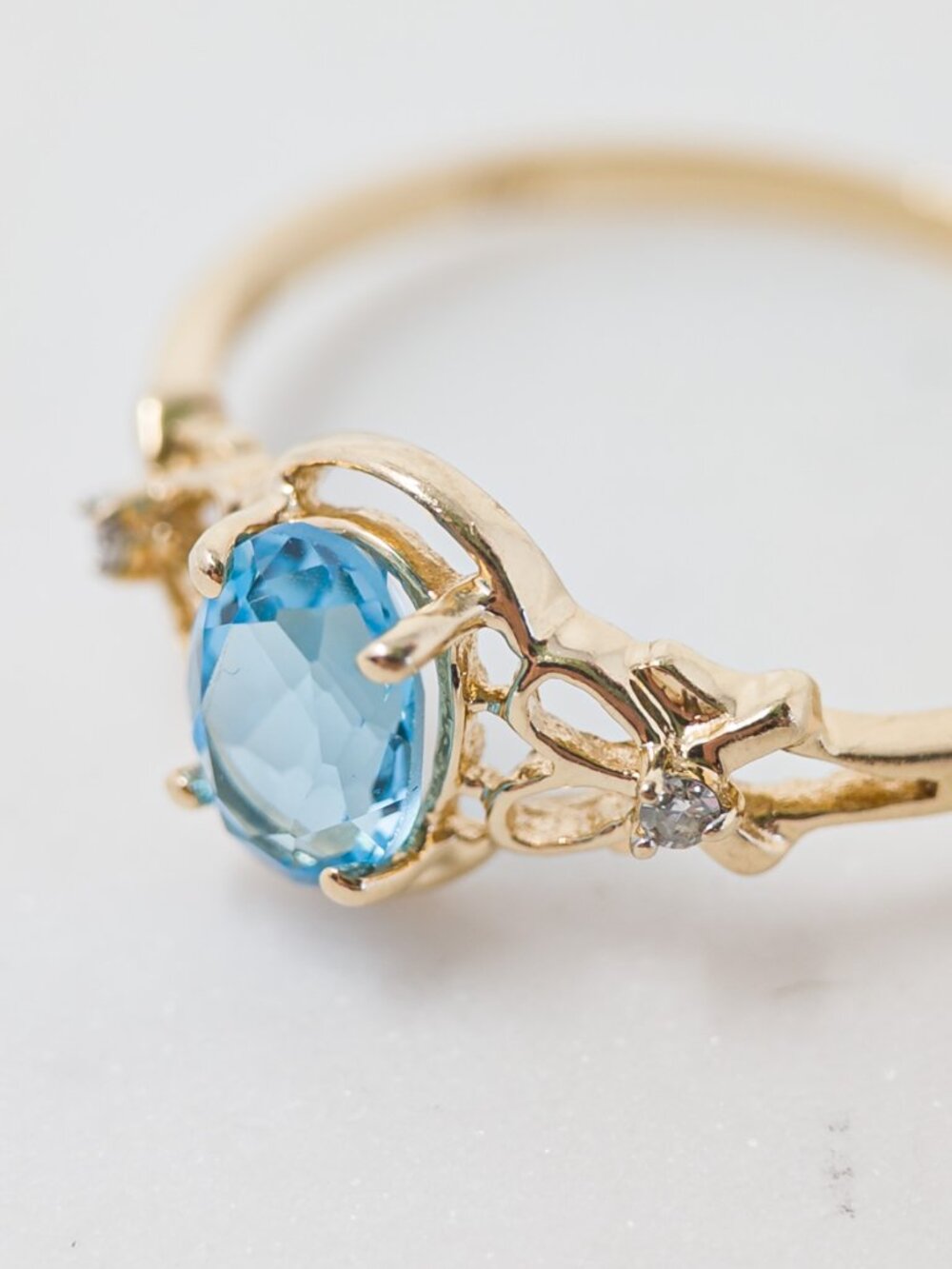 14k Gold Oval Blue Topaz Ring with Diamond Accents - Picture 2 of 16